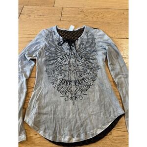 Affliction Women's Top Long Sleeve Gray Rhinestone Cross Lace Up Size M (784)